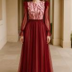 Romantik Boncuk İşlemeli Puantiyeli Şifon Elbise – Uzun Kol, Astarlı, Maxi Boy