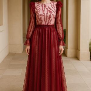 Romantik Boncuk İşlemeli Puantiyeli Şifon Elbise – Uzun Kol, Astarlı, Maxi Boy