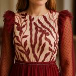 Romantik Boncuk İşlemeli Puantiyeli Şifon Elbise – Uzun Kol, Astarlı, Maxi Boy