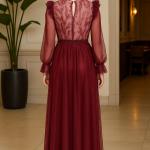 Romantik Boncuk İşlemeli Puantiyeli Şifon Elbise – Uzun Kol, Astarlı, Maxi Boy