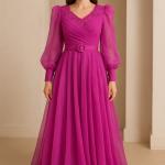 Kemerli Tül Kollu Şifon Elbise – Dantelli Hakim Yaka, Astarlı, Şık Gece Modeli