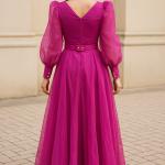 Kemerli Tül Kollu Şifon Elbise – Dantelli Hakim Yaka, Astarlı, Şık Gece Modeli