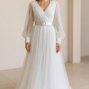 Işıltılı Kuşaklı Şifon Abiye Davet Elbisesi – V Yaka, Taşlı, Maxi Boy, Tül Katmanlı Zarif Model