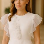 Kısa Kollu Çiçek Desenli Dantel Beyaz Günlük Midi Elbise