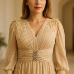 Omuz Çiçek Aksesuar Taş detay V Yaka Uzun Kollu Kemerli Şifon Abiye Elbise