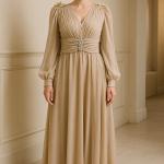 Omuz Çiçek Aksesuar Taş detay V Yaka Uzun Kollu Kemerli Şifon Abiye Elbise