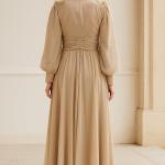 Omuz Çiçek Aksesuar Taş detay V Yaka Uzun Kollu Kemerli Şifon Abiye Elbise