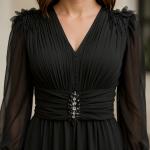 Omuz Çiçek Aksesuar Taş detay V Yaka Uzun Kollu Kemerli Şifon Abiye Elbise