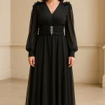 Omuz Çiçek Aksesuar Taş detay V Yaka Uzun Kollu Kemerli Şifon Abiye Elbise