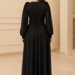 Omuz Çiçek Aksesuar Taş detay V Yaka Uzun Kollu Kemerli Şifon Abiye Elbise