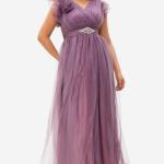 kemeri taşlı güllü tül abiye uzun elbise 7373 lila