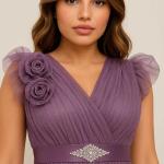 kemeri taşlı güllü tül abiye uzun elbise 7373 lila