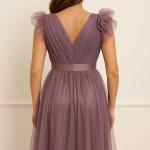 kemeri taşlı güllü tül abiye uzun elbise 7373 lila