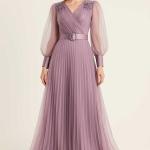 piliseli omuzu taşlı organze tül abiye 7374