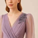 piliseli omuzu taşlı organze tül abiye 7374