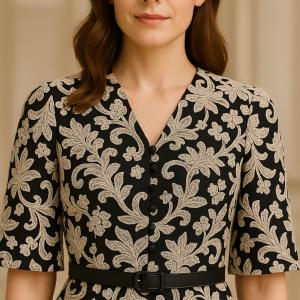 Kemerli Yarım Kol Transparan Dantel Çiçek Desenli Detaylı Midi Elbise