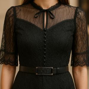 Kemerli Yarım Kol Transparan Dantel Çiçek Desenli Detaylı Midi Elbise