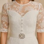 Kemerli Yarım Kol Transparan Dantel Çiçek Desenli Detaylı Midi Elbise