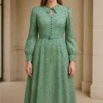 Kemerli Uzun Kollu Çiçek Desenli Astarlı Şık Elbise