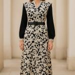 Siyah Üzeri Beyaz Dantel Elbise – Kemerli, Hakim Yaka, Astarlı