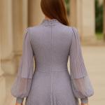 Boncuklu Şifon Abiye Elbise – Hakim Yaka, Kemerli, Astarlı, Midi Uzunluk