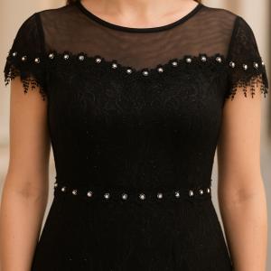 Uzun Kollu Dantel Detaylı Piliseli Şifon Abiye Elbise