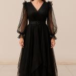 Şık Tül Kollu Elbise – Taş Tokalı Kemerli, Kemerli, Astarlı, Düğün ve Davet Kombinlerine Uygun