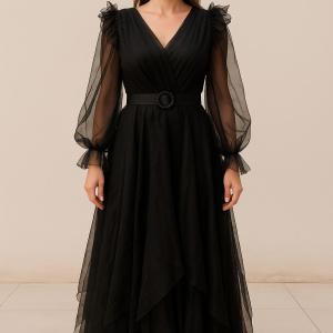 Şık Tül Kollu Elbise – Taş Tokalı Kemerli, Kemerli, Astarlı, Düğün ve Davet Kombinlerine Uygun