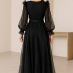 Şık Tül Kollu Elbise – Taş Tokalı Kemerli, Kemerli, Astarlı, Düğün ve Davet Kombinlerine Uygun