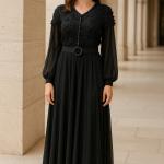 V Yaka Dantel İşlemeli Simli Kumaş Kemerli Uzun Abiye Elbise