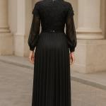 V Yaka Dantel İşlemeli Simli Kumaş Kemerli Uzun Abiye Elbise