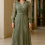 Modern Şifon Tesettür Abiye Elbise Çiçek İşlemeli Kuşaklı