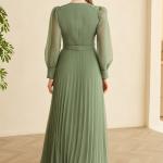 Modern Şifon Tesettür Abiye Elbise Çiçek İşlemeli Kuşaklı