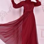 Payet Detaylı Tül Tesettür Abiye Elbise – Hakim Yaka, Uzun Kol, Kuşaklı