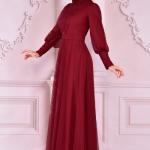 Payet Detaylı Tül Tesettür Abiye Elbise – Hakim Yaka, Uzun Kol, Kuşaklı